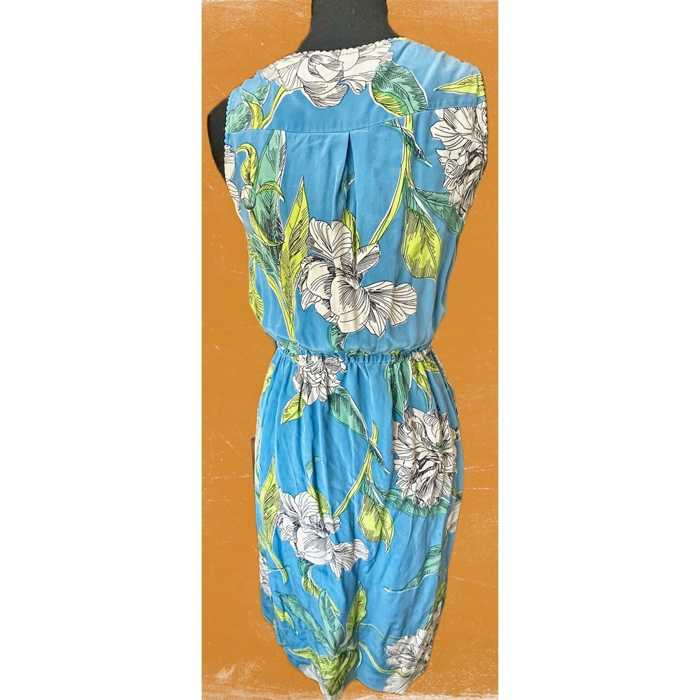 Moulinette Soeurs Anthropologie Blue Floral 100% Silk Sleeveless Dress Size‎ 4